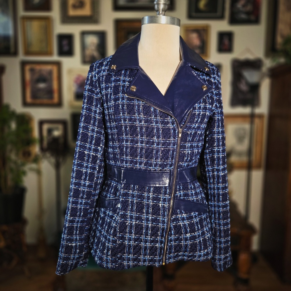 C Wonder Moto Jacket Christian Siriano Navy Blue Tweed Plaid Faux Leather XS New